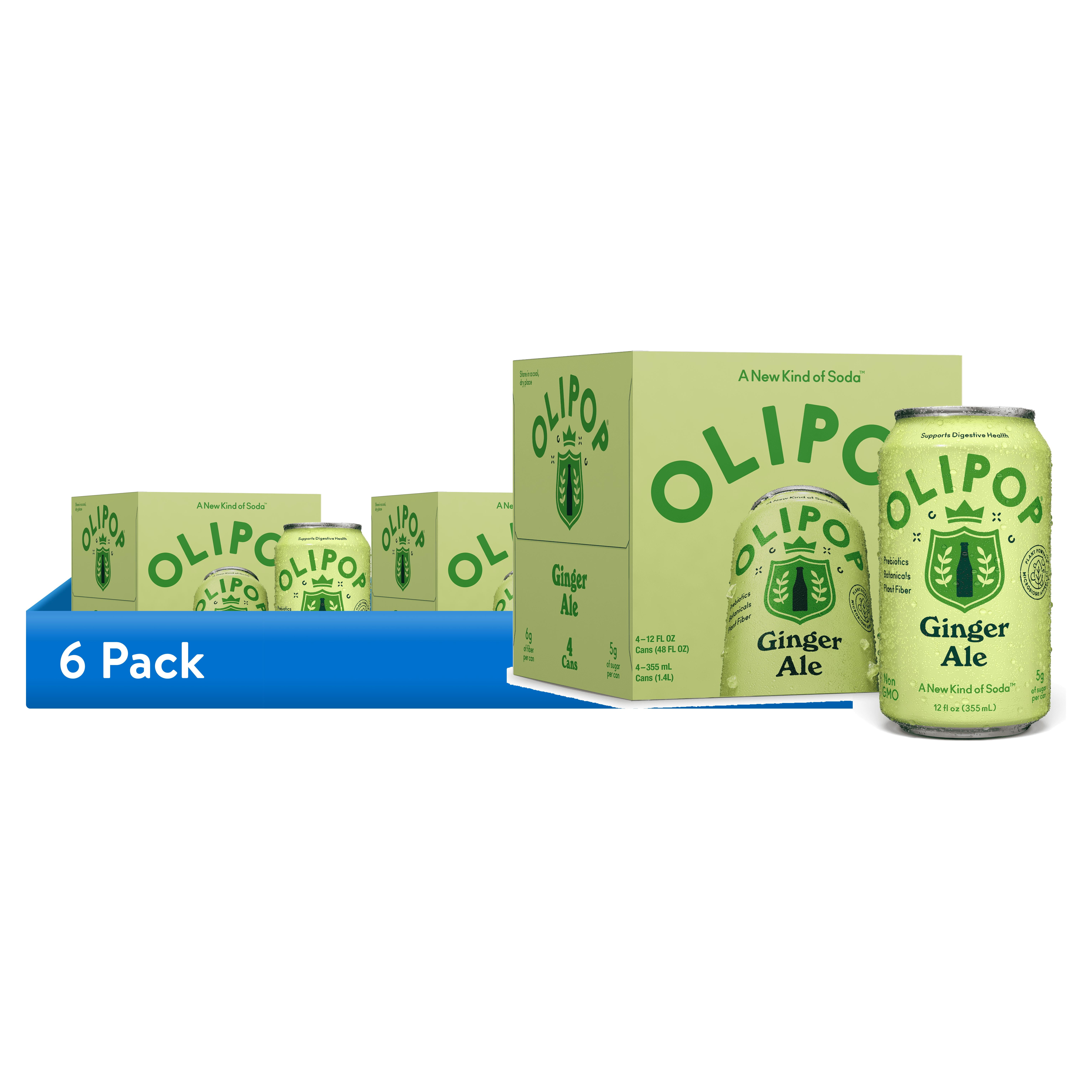 (6 pack) OLIPOP Prebiotic Soda, Ginger Ale, 12 fl oz, 4 Pack, Pantry Packs