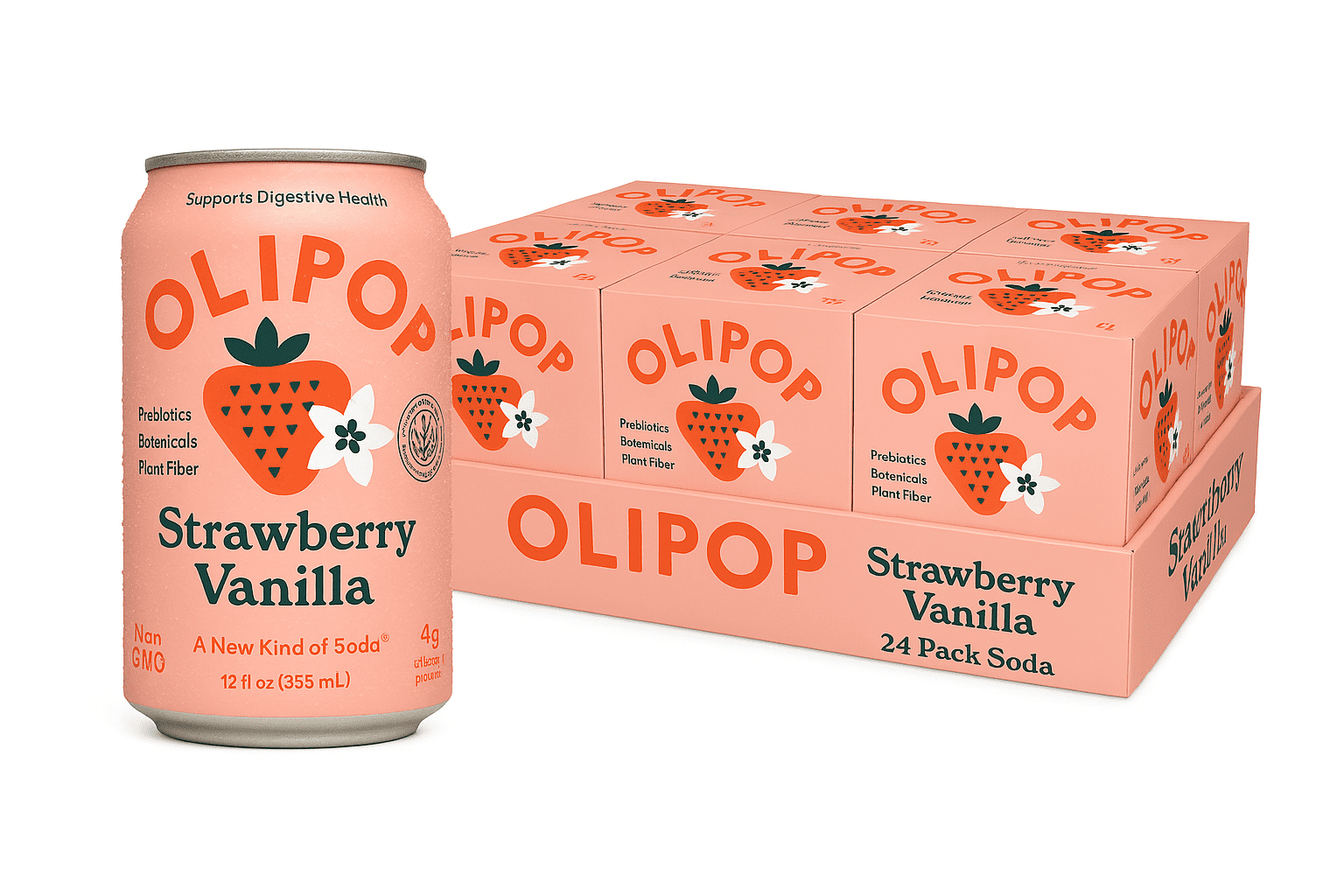 (6 pack) OLIPOP Prebiotic Soda, Strawberry Vanilla, 12 fl oz, 4 Pack, Pantry Packs