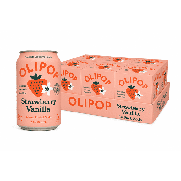 (6 pack) Olipop Prebiotic Soda Pop, Strawberry Vanilla, High Fiber, 12 fl oz 24 Pack