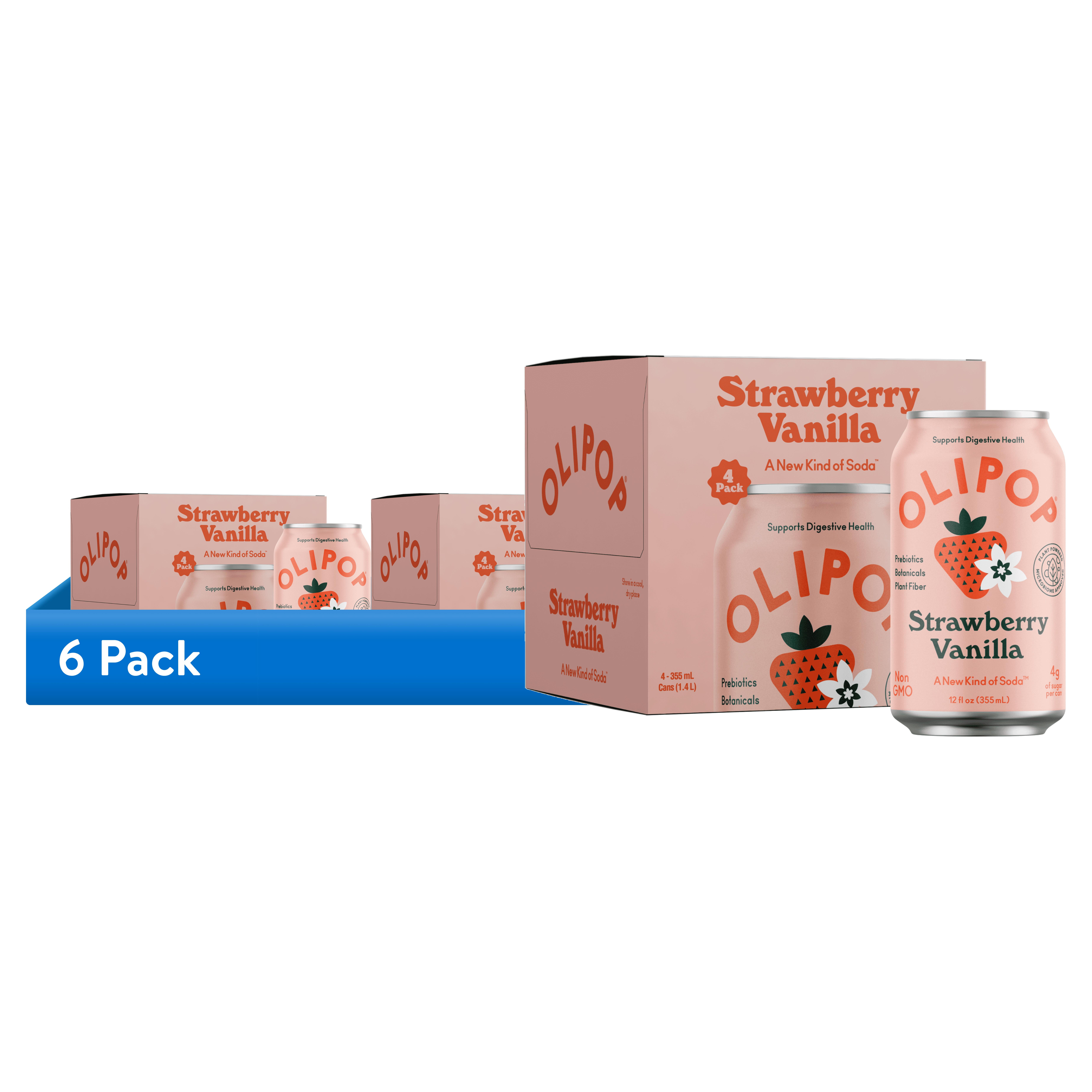 (6 pack) OLIPOP Prebiotic Soda, Strawberry Vanilla, 12 fl oz, 4 Pack, Pantry Packs