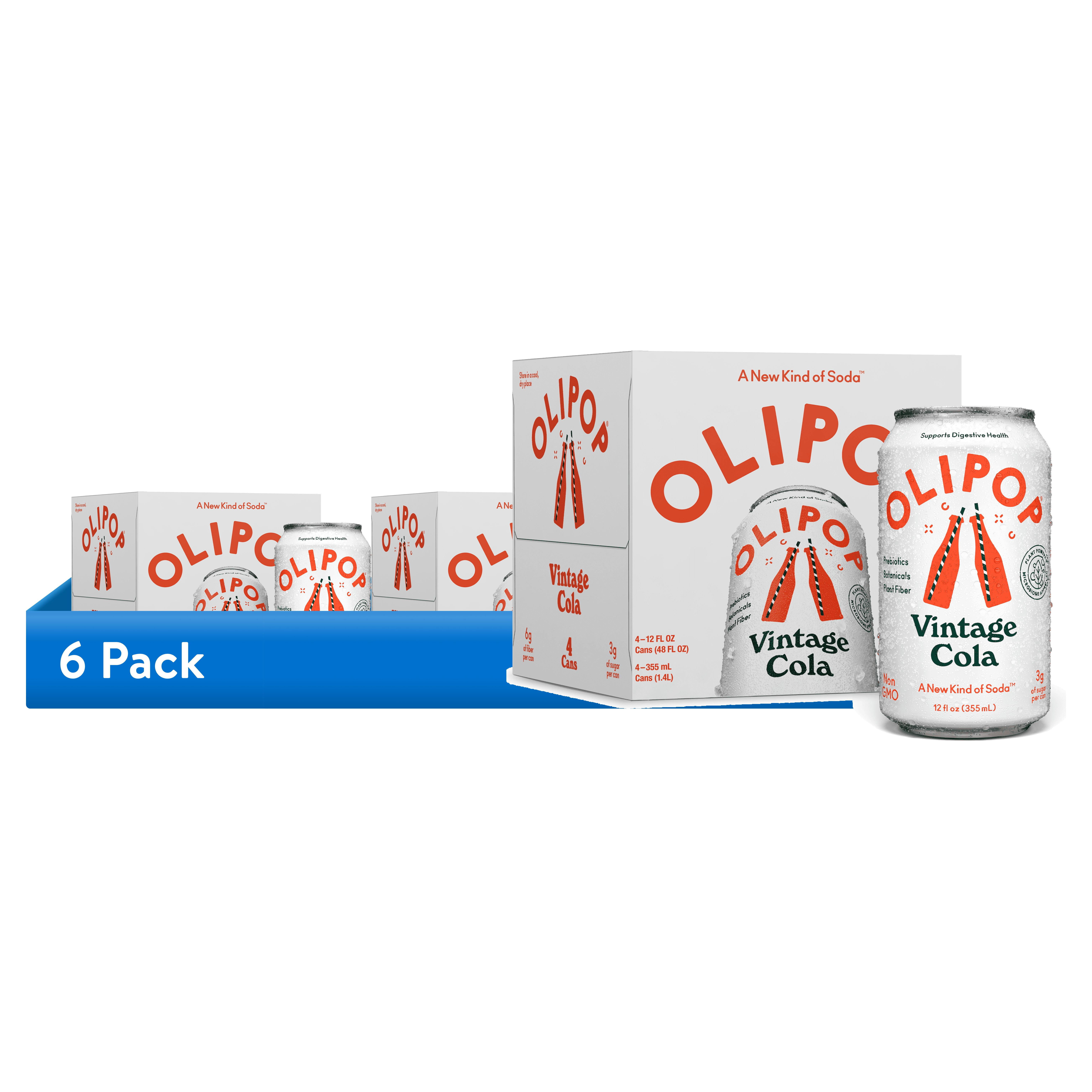 (6 pack) (6 pack) OLIPOP Prebiotic Soda, Vintage Cola, 12 fl oz, 4 Pack, Pantry Packs