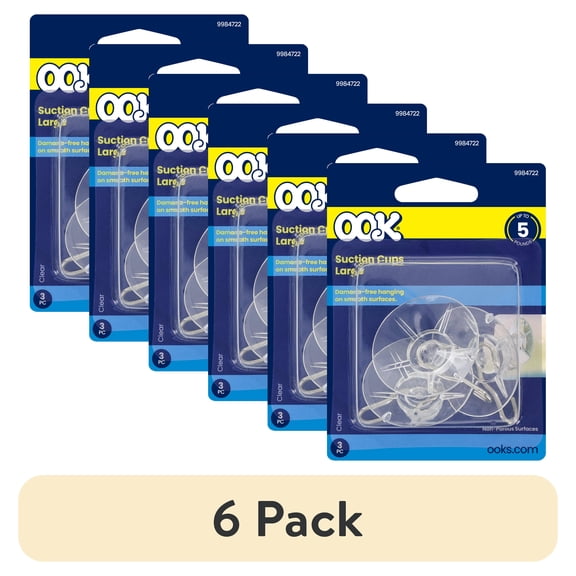 (6 pack) Ook Suction Cup Hooks, Suction Cup Hangers, Large, 5 lbs, PVC, Clear, 3 pack