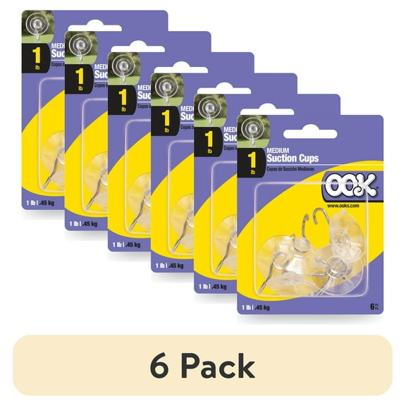 (6 pack) Ook Suction Cup Hooks, Suction Cup Hangers, Medium, 1 lbs, PVC, Clear, 6 pack