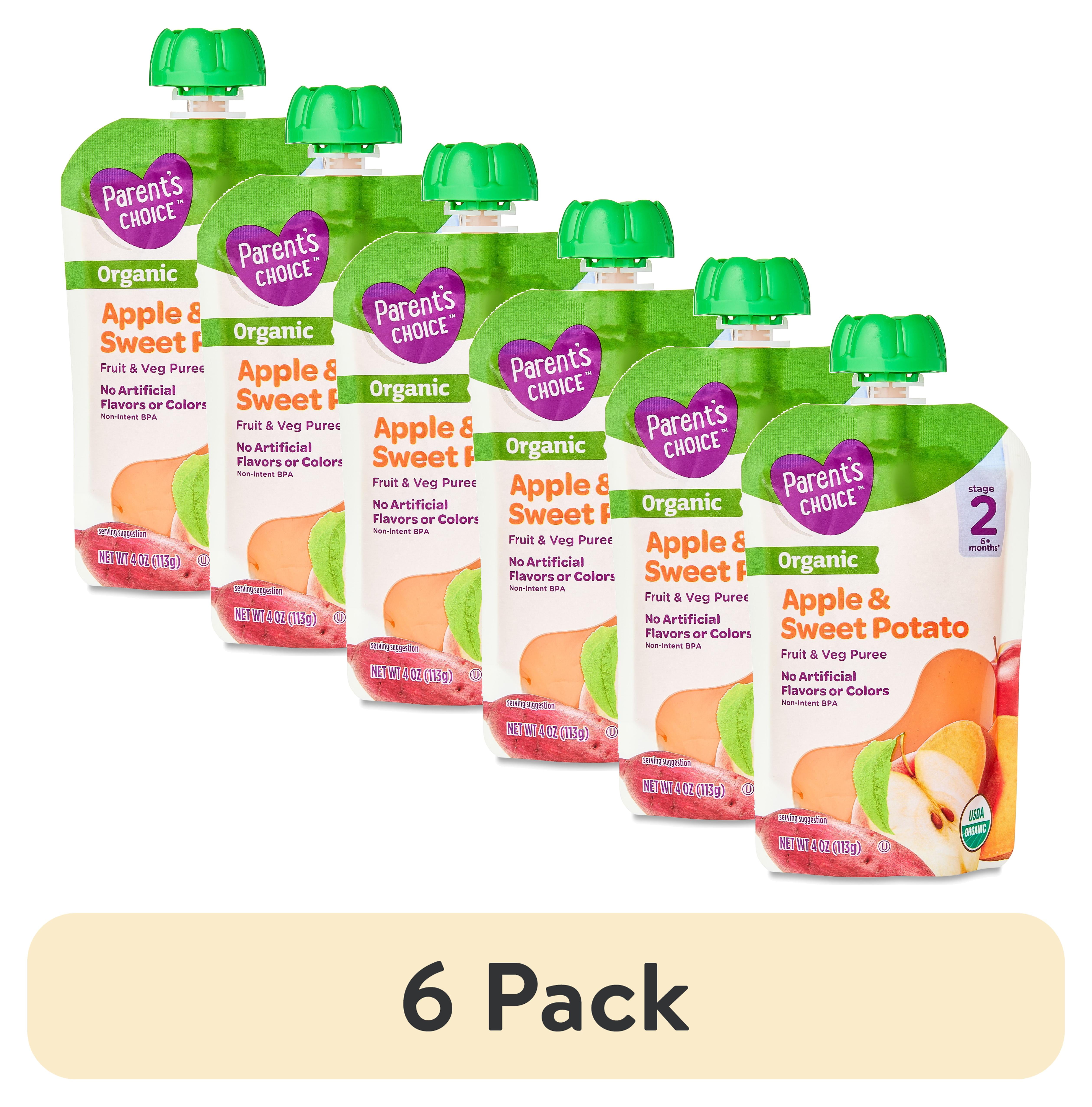 (6 pack) Parent's Choice Organic Stage 2 Baby Food Apple and Sweet Potato Puree, 4 oz Pouch
