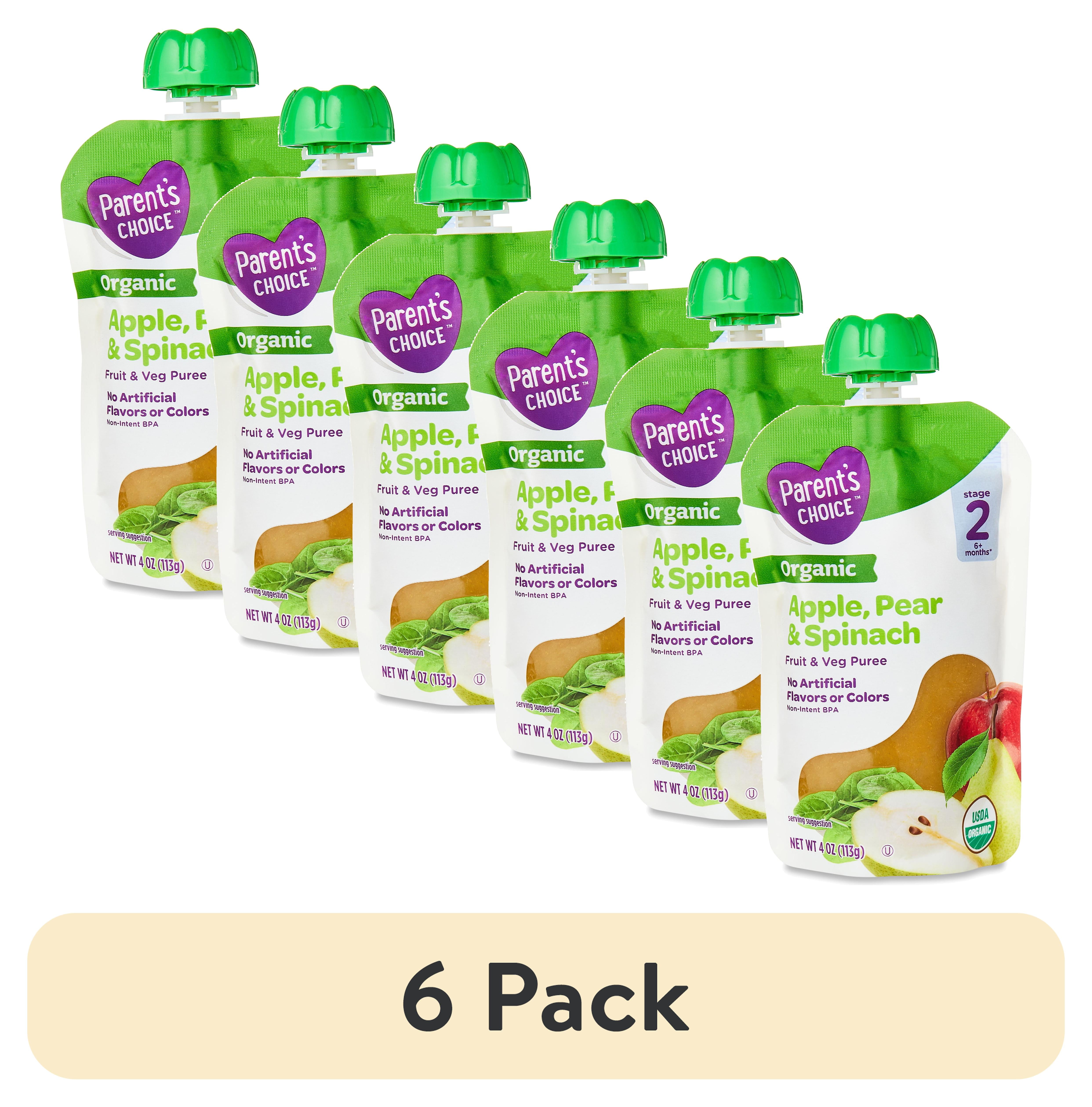 (6 pack) Parent's Choice Organic Stage 2 Baby Food Apple Pear Spinach, 4 oz Pouch