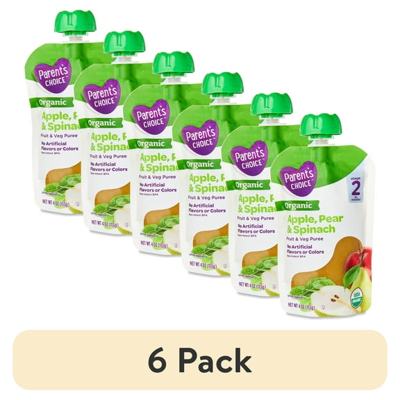 (6 pack) Parent's Choice Organic Stage 2 Baby Food Apple Pear Spinach, 4 oz Pouch