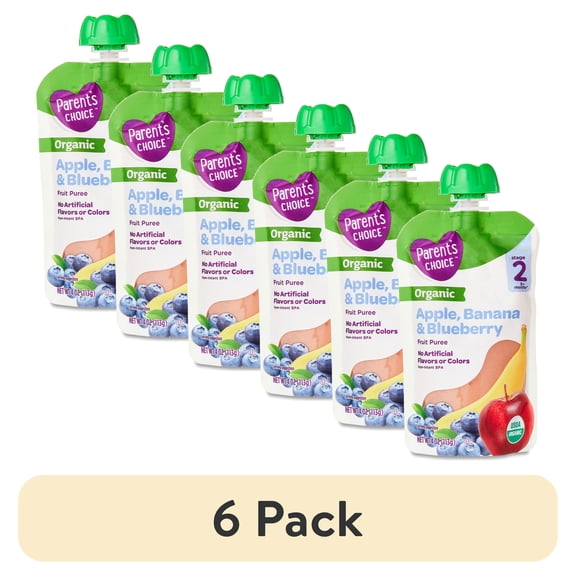 (6 pack) Parent's Choice Organic Stage 2 Baby Food Apple, Banana, and Blueberry Puree, 4 oz Pouch