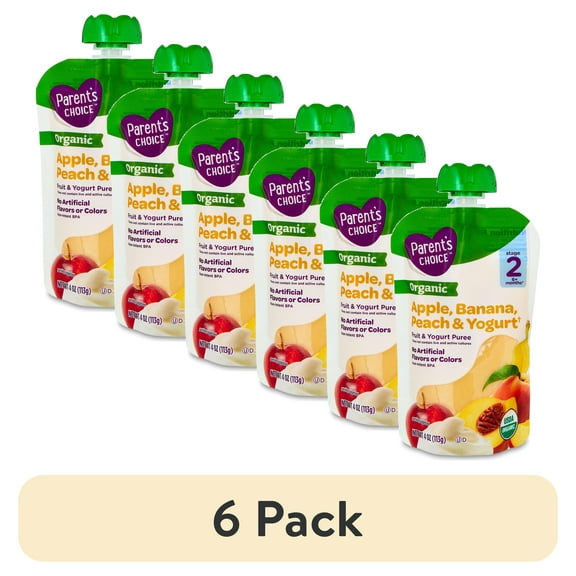 (6 pack) Parent's Choice Organic Stage 2 Baby Food Apple, Banana, and Peach Fruit and Yogurt Puree, 4 oz Pouch