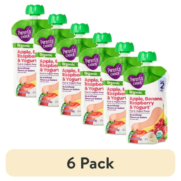 (6 pack) Parent's Choice Organic Stage 2 Baby Food Apple, Banana, Raspberry Yogurt, 4 oz Pouch