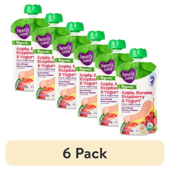 (6 pack) Parent's Choice Organic Stage 2 Baby Food Apple, Banana, Raspberry Yogurt, 4 oz Pouch