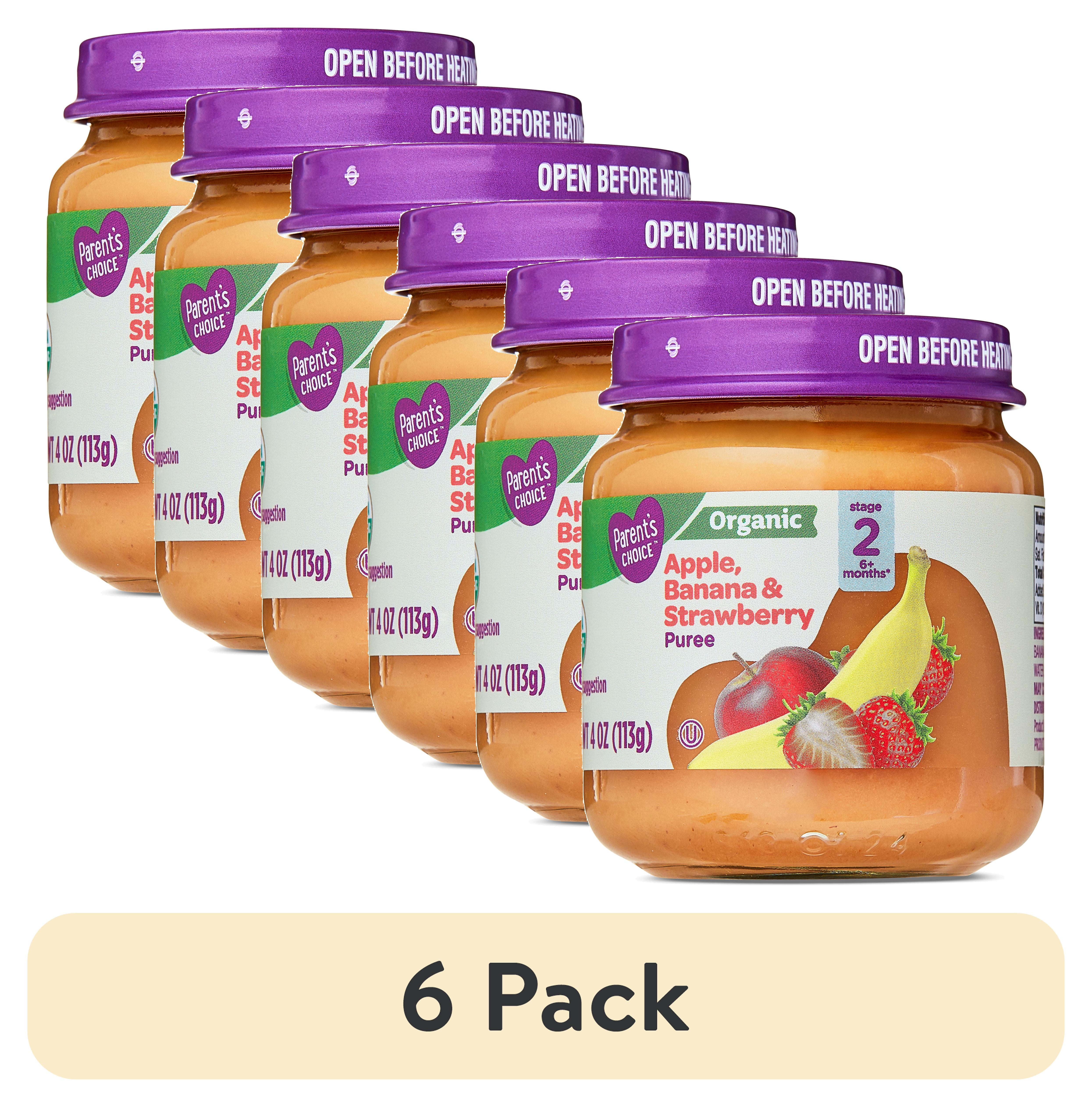 (6 pack) Parent's Choice Organic Stage 2 Baby Food Apple, Banana, and Strawberry, 4 oz Jar