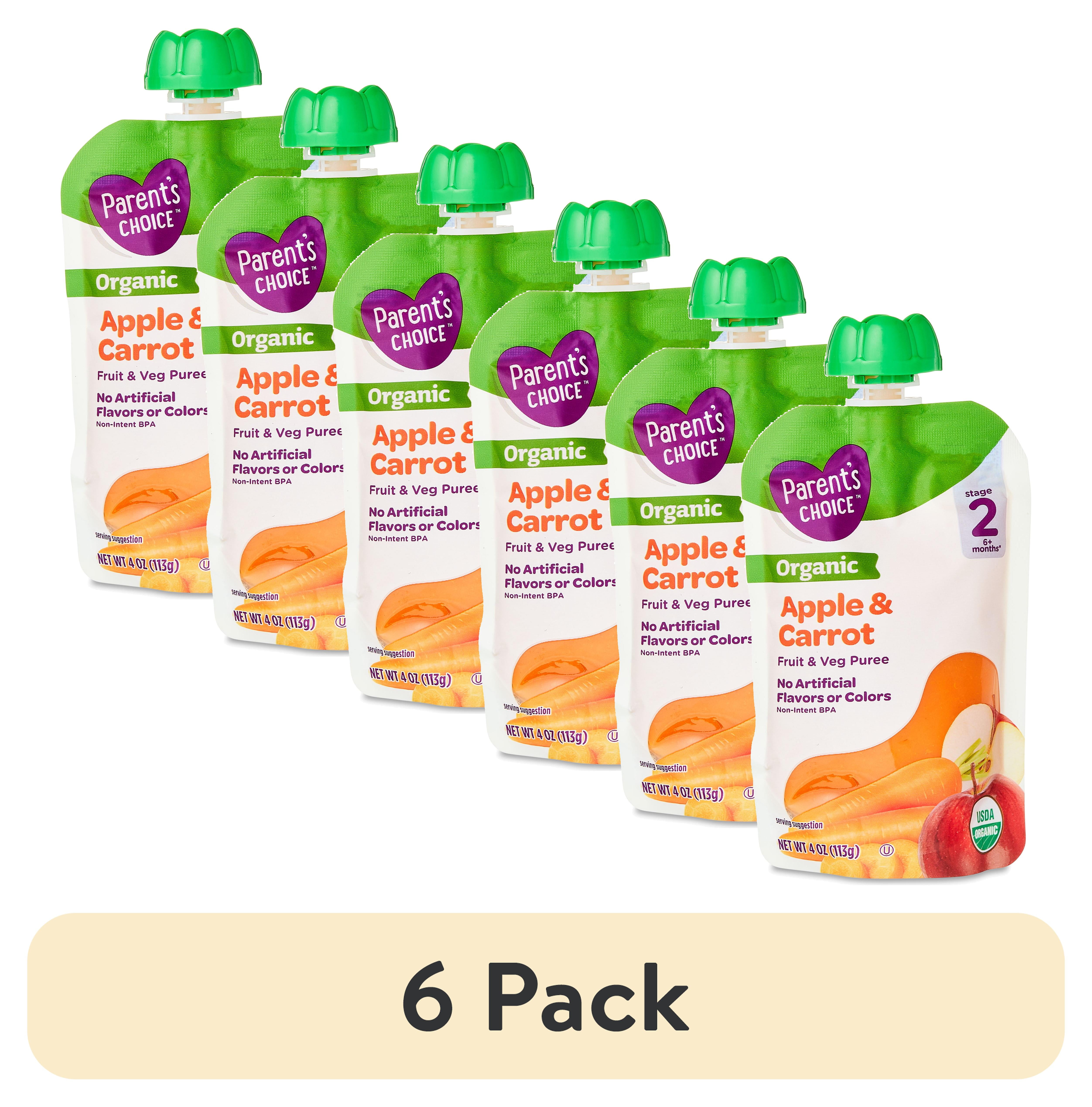 (6 pack) Parent's Choice Organic Stage 2 Baby Food Apple and Carrot Puree, 4 oz Pouch
