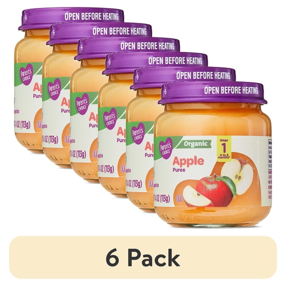 (6 pack) Parent's Choice Organic Stage 1 Baby Food Apple Puree, 4 oz Jar