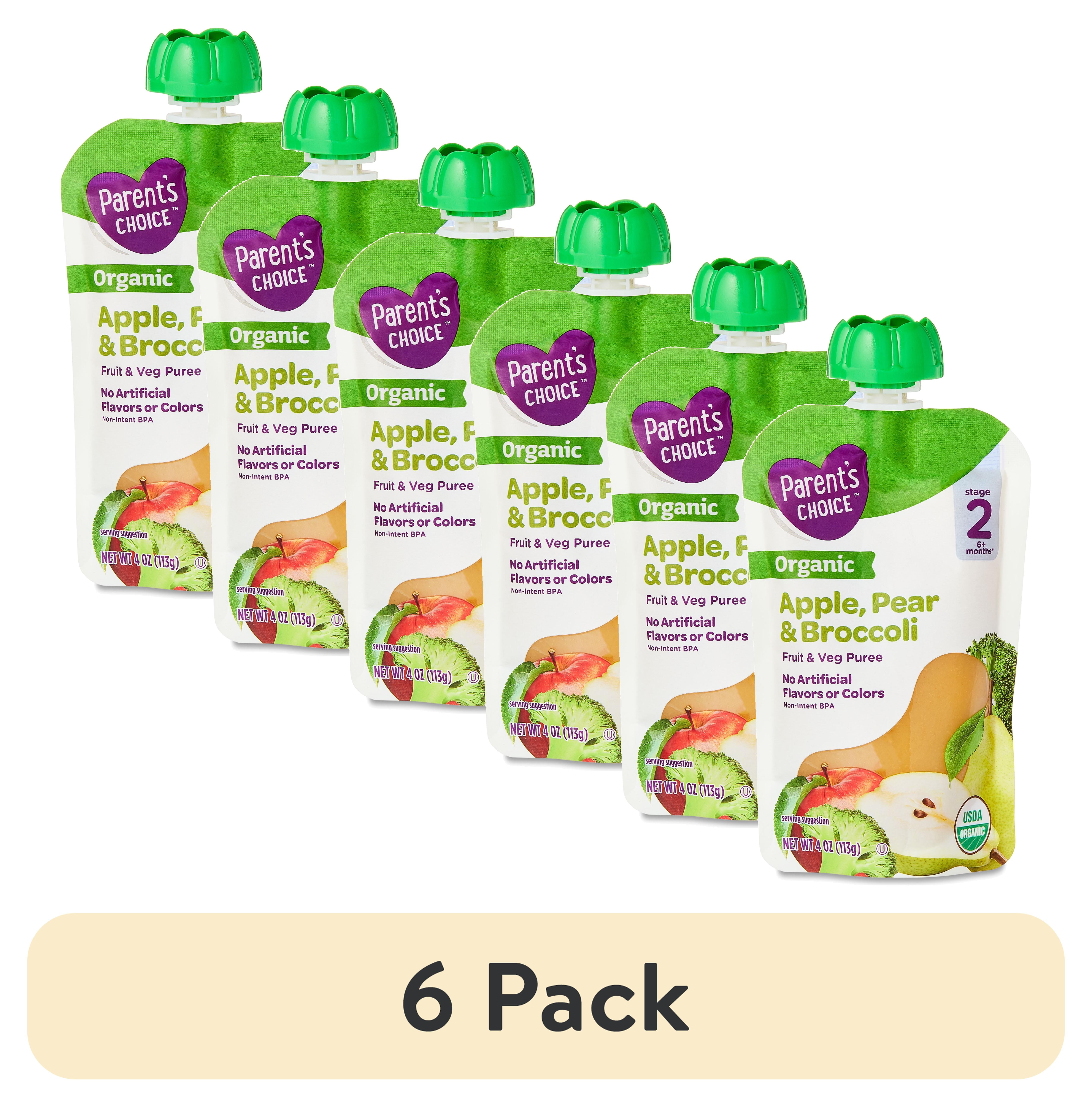 (6 pack) Parent's Choice Organic Stage 2 Baby Food Apple, Pear, and Broccoli Puree, 4 oz Pouch