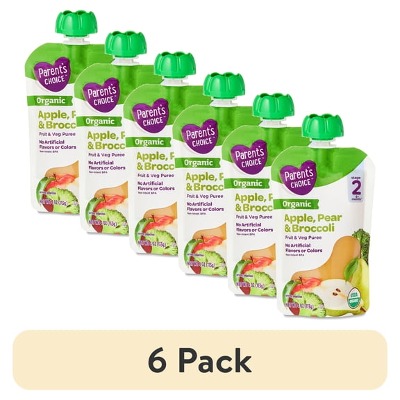 (6 pack) Parent's Choice Organic Stage 2 Baby Food Apple, Pear, and Broccoli Puree, 4 oz Pouch