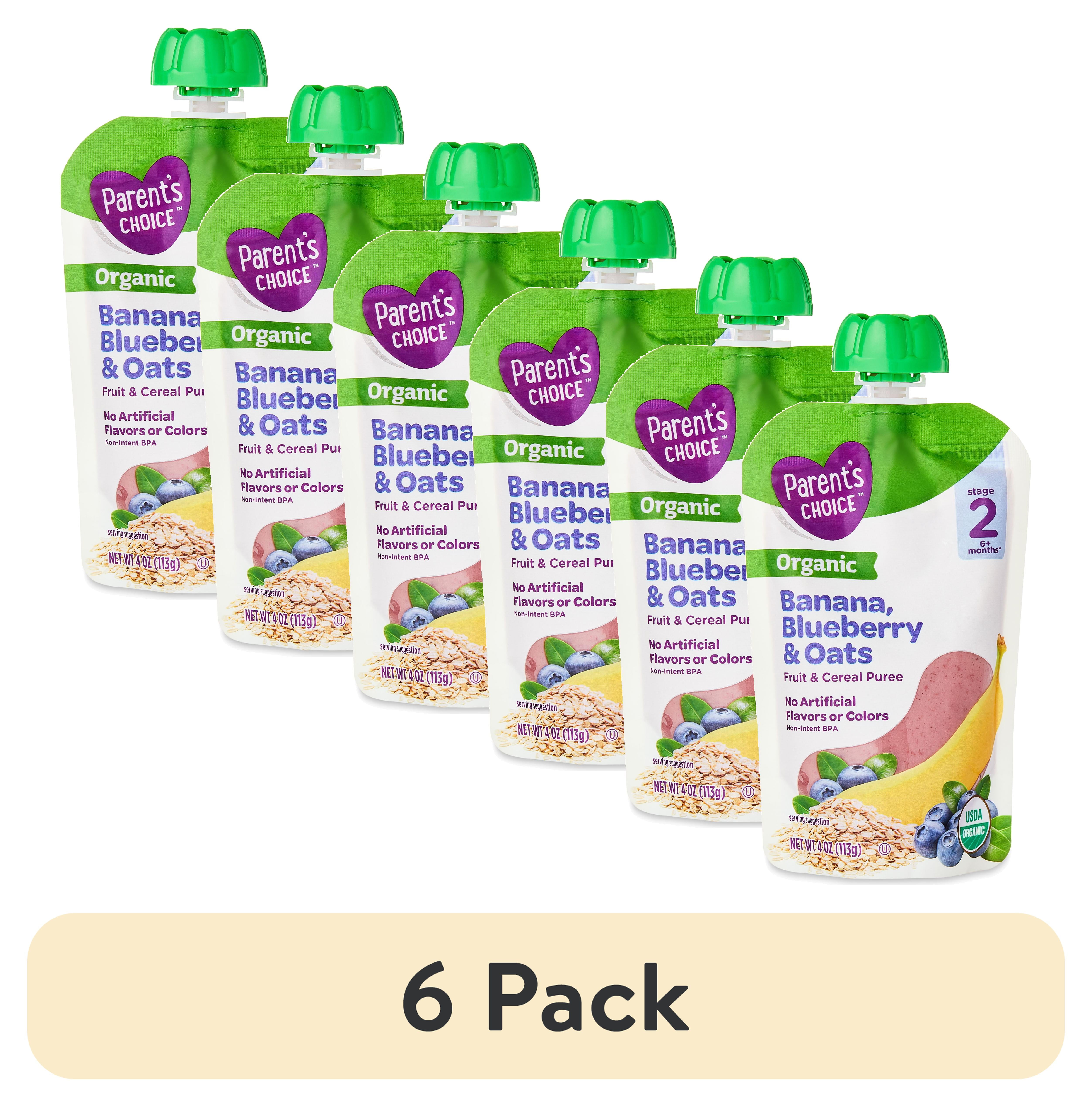 (6 pack) Parent's Choice Organic Stage 2 Baby Food Banana, Blueberry, and Oats Puree, 4 oz Pouch
