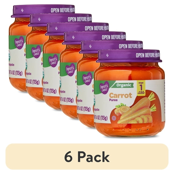 (6 pack) Parent's Choice Organic Stage 1 Baby Food Carrot Puree, 4 oz Jar