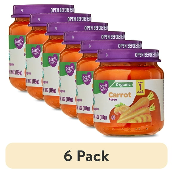 (6 pack) Parent's Choice Organic Stage 1 Baby Food, Carrot Puree, 4 oz Jar