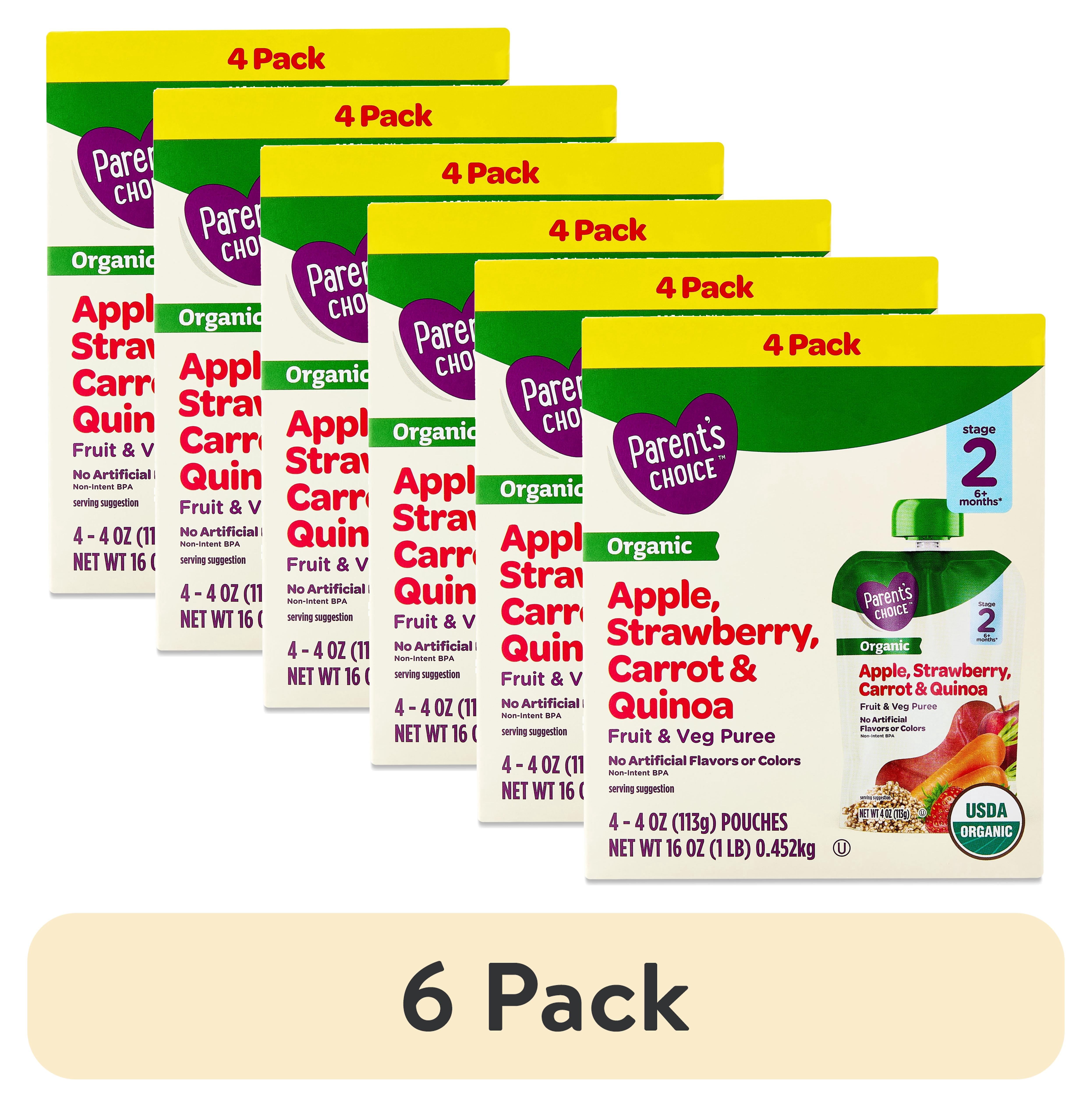 (6 pack) Parent's Choice Organic Stage 2 Baby Food Apple, Strawberry, Carrot & Quinoa, 4 oz Pouches, 4 Pack