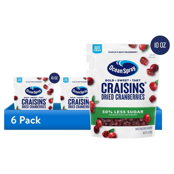 (6 pack) Ocean Spray® Craisins®, 50% Less Sugar Dried Cranberries, Dried Fruit, 10 oz Pouch