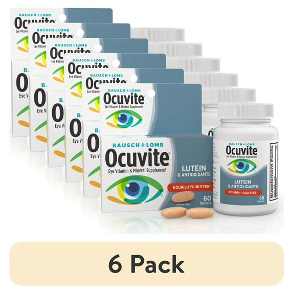 (6 pack) Ocuvite Eye Vitamin & Mineral Supplement, Contains Zinc, Vitamins A, C, E, & Lutein, 60 Tablets, From Bausch + Lomb