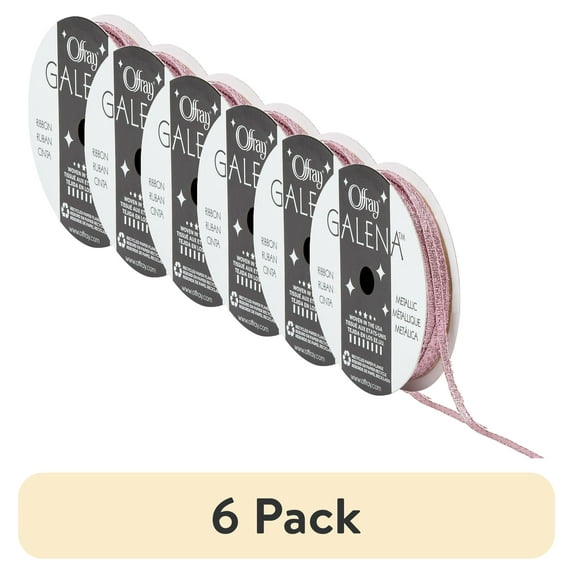 (6 pack) Offray Ribbon, Lt Pink 1/8 inch Galena Metallic Ribbon, 9 feet