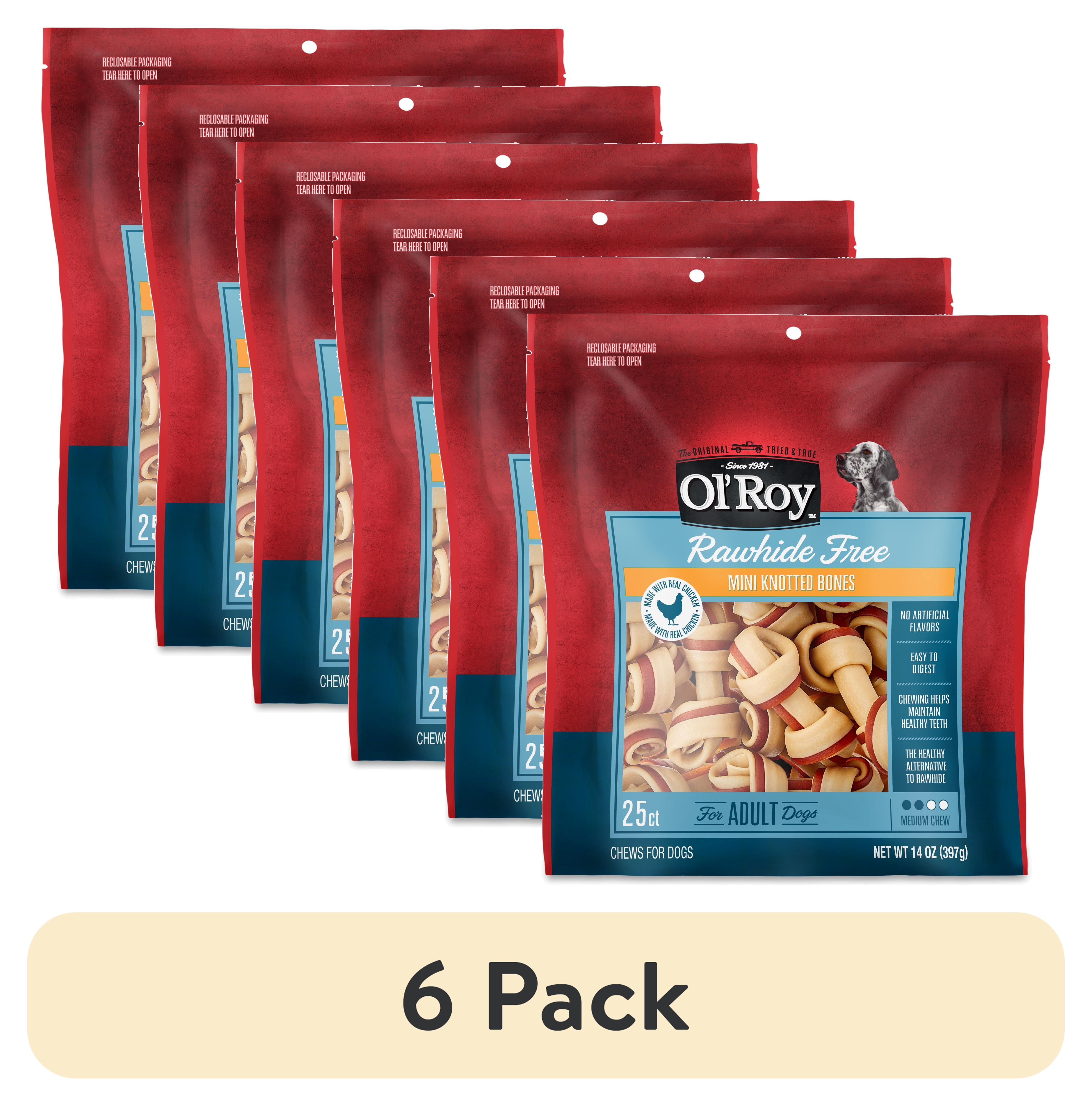 (6 pack) Ol' Roy 2.5-inch Rawhide Free Mini Knotted Chicken Flavored Bones, Chews for Dogs, 14 oz, 25 Count