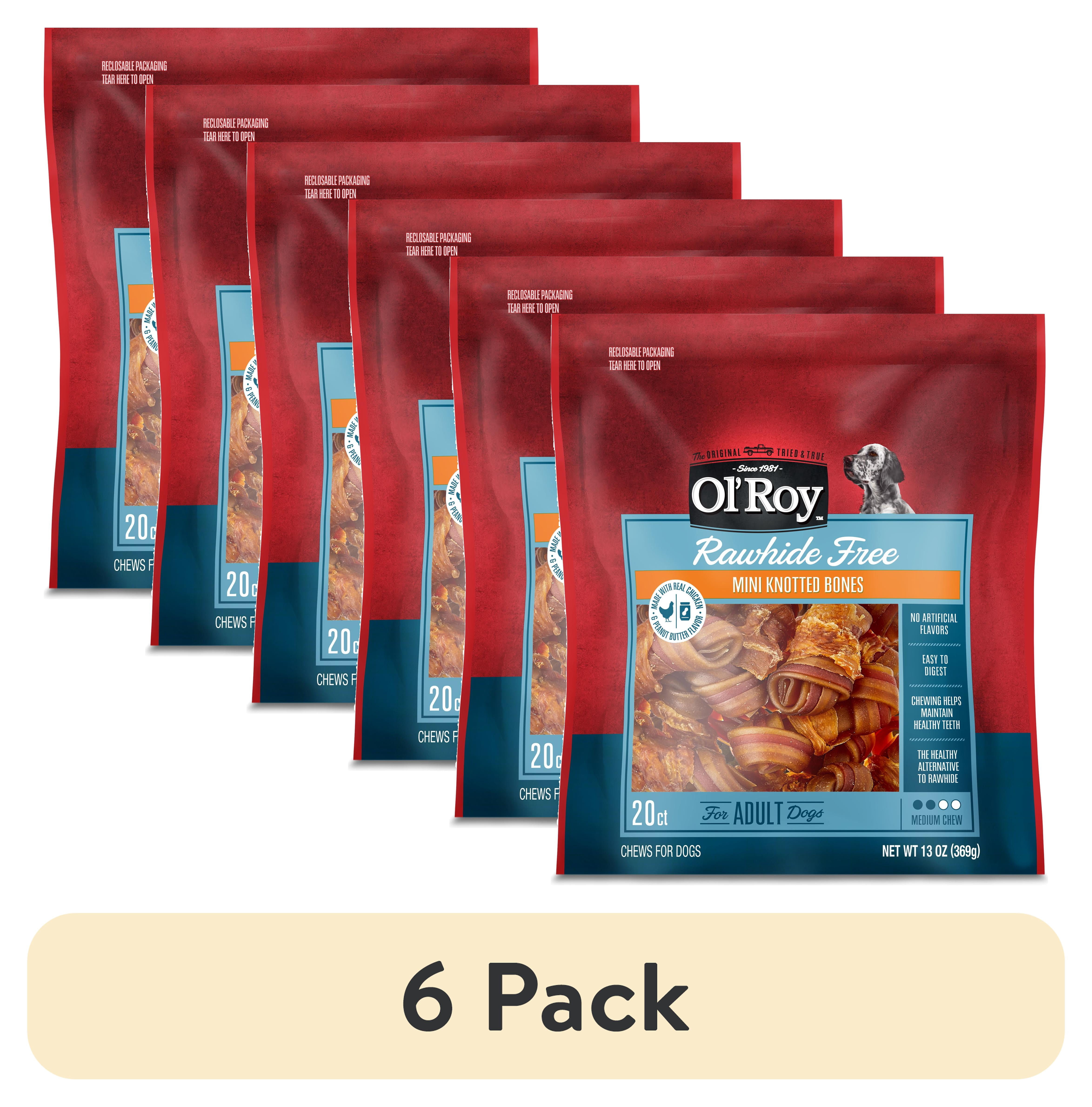 (6 pack) Ol' Roy 2.5 Inch Rawhide Free Mini Knotted Peanut Butter Flavored Bones, Chews for Dogs, 13 oz, 20 Count