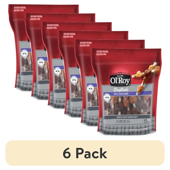 (6 pack) Ol' Roy Beef hide Triple Flavor Kabobs Dry Dog Chews, 24 oz