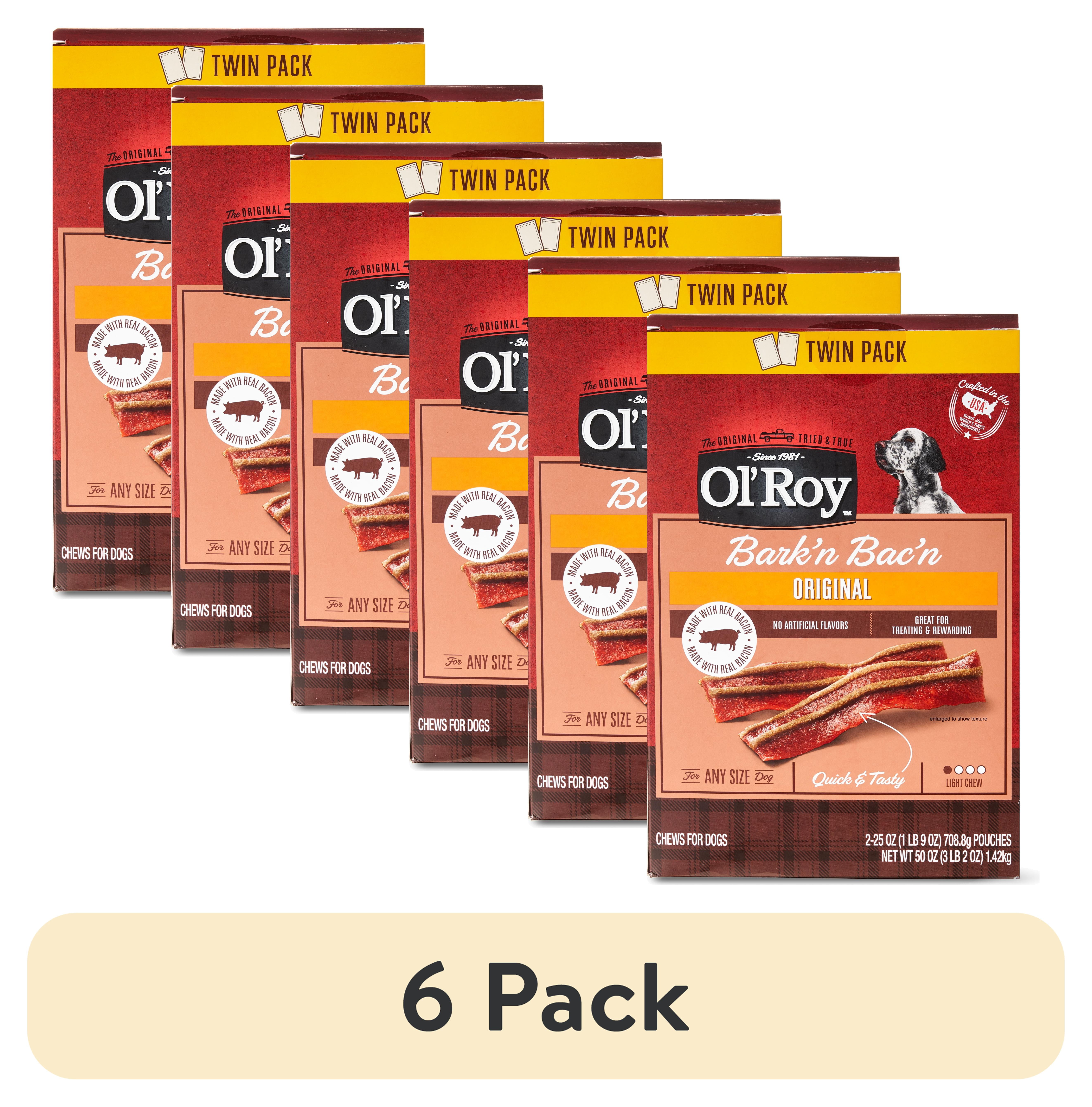 (6 pack) Ol' Roy Bark'n Bac'n Dog Treats with Real Bacon Chews, 25 oz, 2 Count