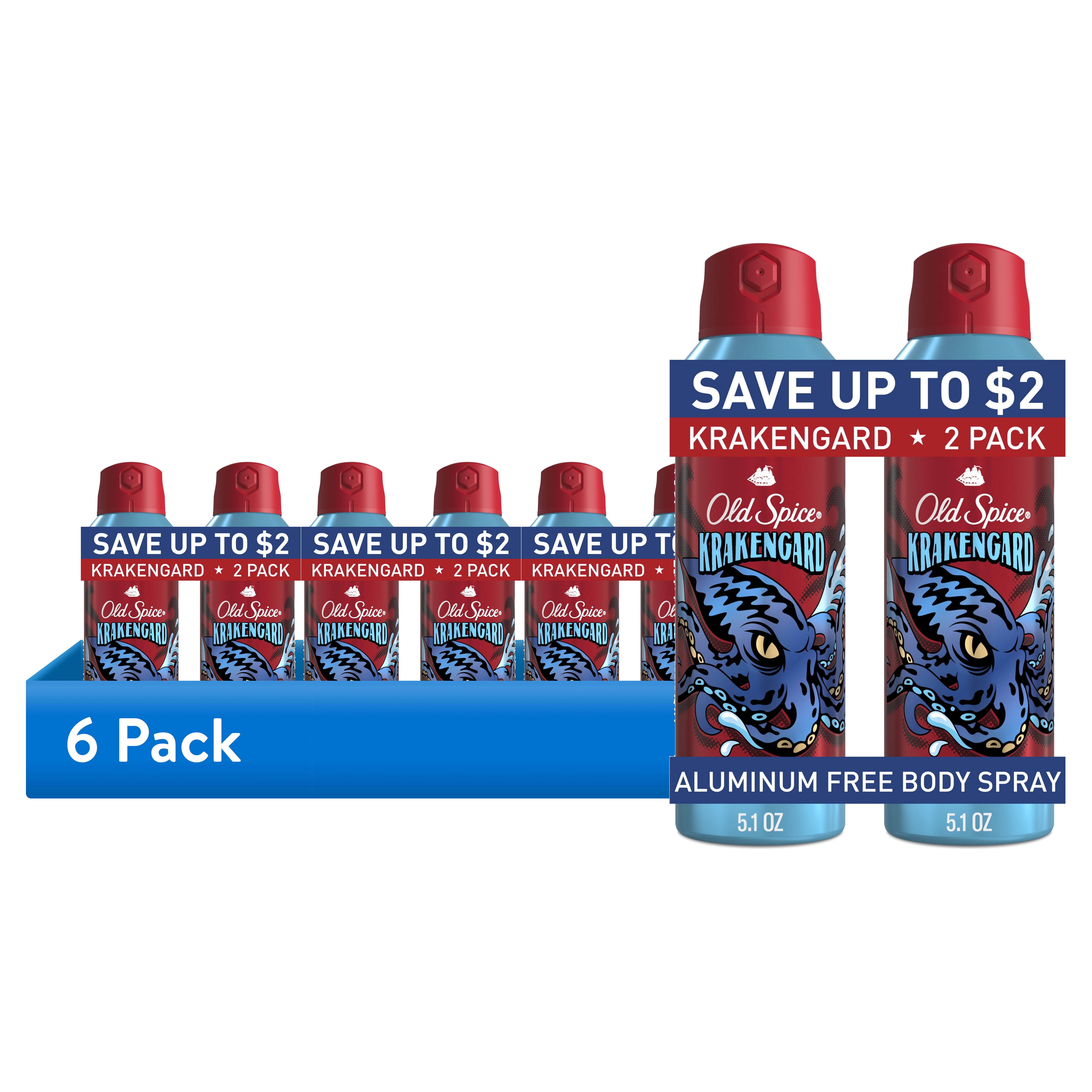 (6 pack) Old Spice Aluminum Free Body Spray for Men, Krakengard, 2/5.1 oz
