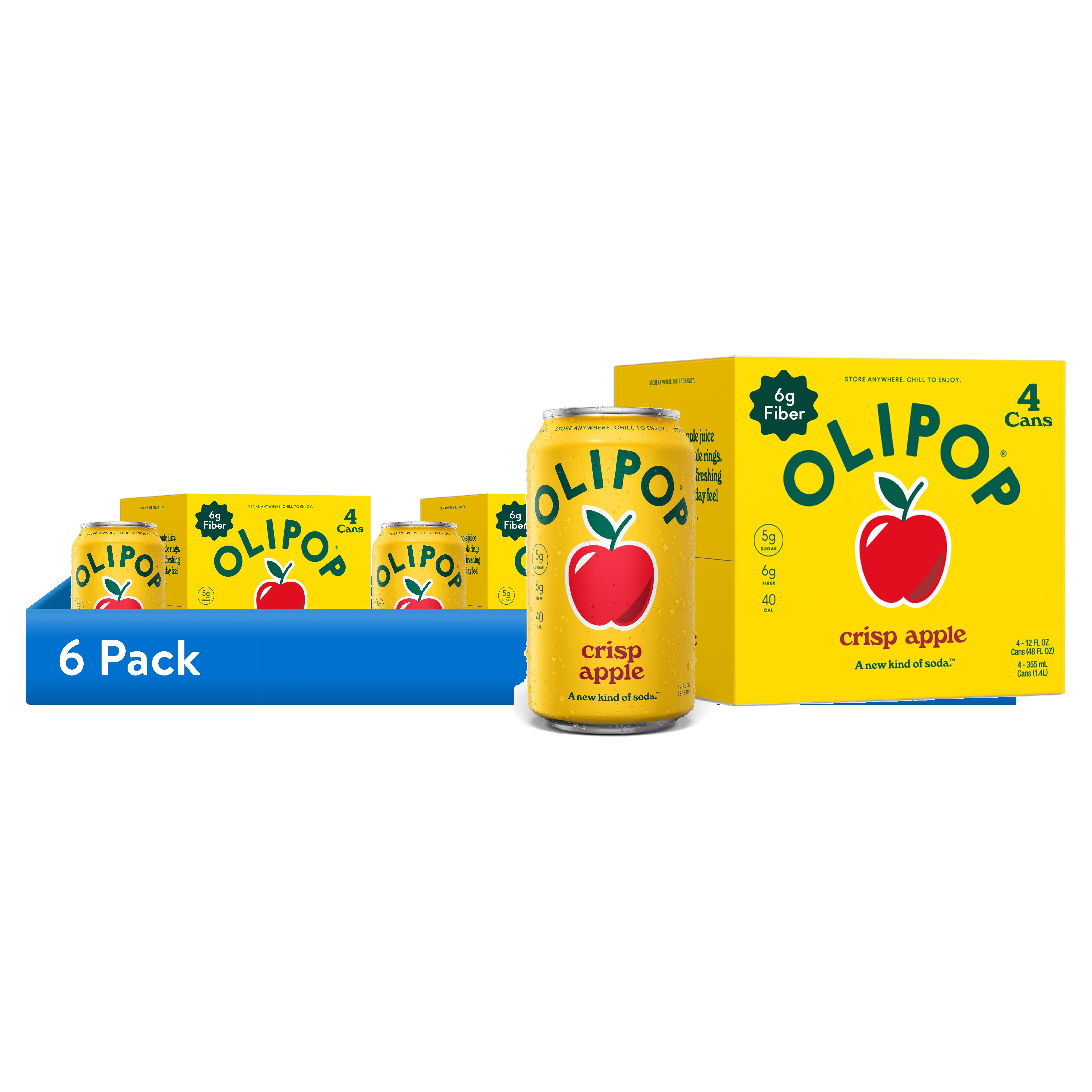 (6 pack) OLIPOP 6g Fiber Prebiotic Soda, Crisp Apple, 12 fl oz, 4 Pack, Shelf Stable