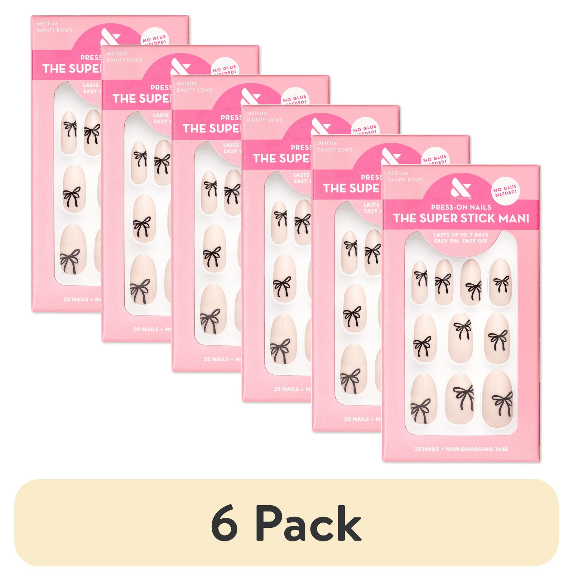 (6 pack) Olive & June Super Stick Mani Short Round Press-On Tabs, Dainty Bows, 32 Pieces