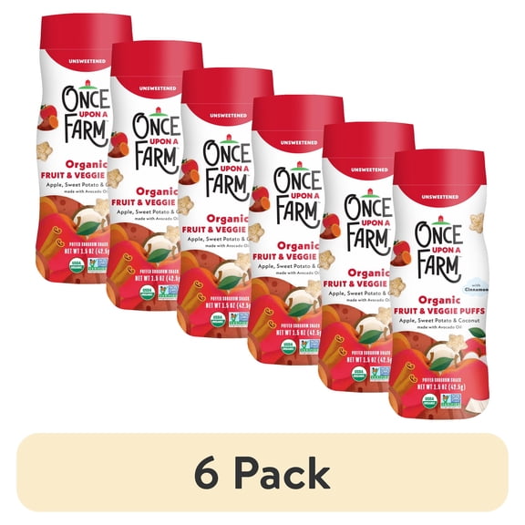(6 pack) Once Upon a Farm Organic Baby Puffs, Apple, Sweet Potato & Coconut, 1.5oz Canister
