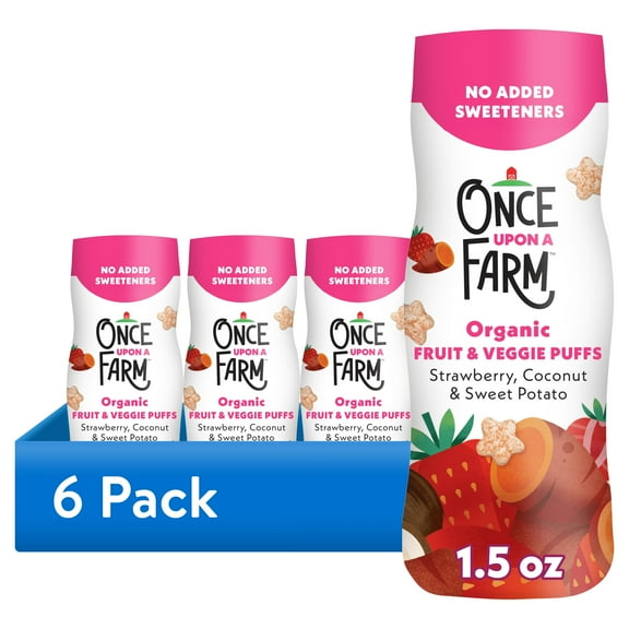 (6 pack) Once Upon a Farm Organic Baby Puffs, Strawberry, Sweet Potato & Coconut, 1.5oz Canister