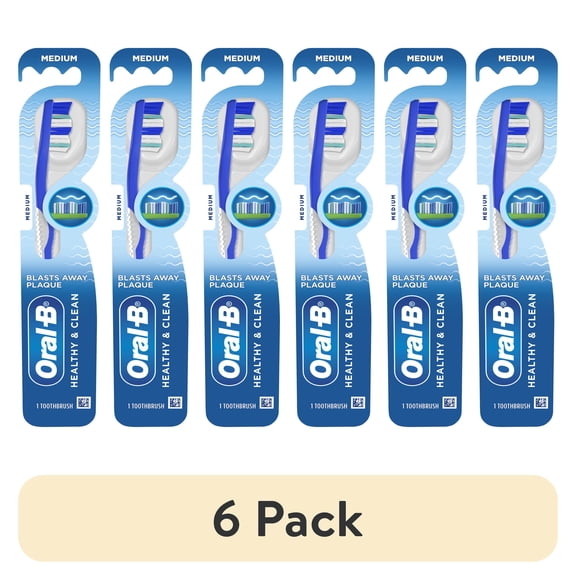 (6 pack) Oral-B Healthy Clean Toothbrush, Blasts Away Plaque, Medium, 1 Count, for Adults & Children 3+
