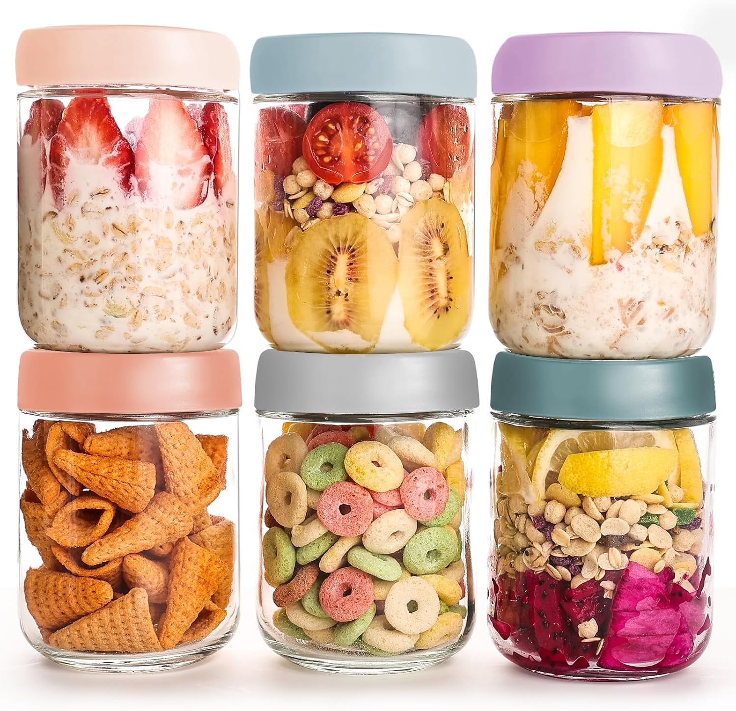 6-pack Overnight Oats Containers with Airtight Lids, 16 oz Wide Mouth Mason Salad jars, Glass Food Storage Containers for Sugar Spice Yogurt Snacks