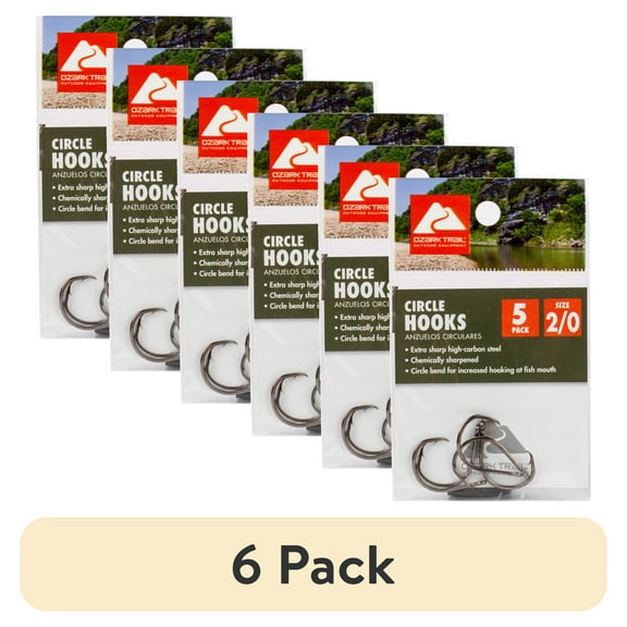 (6 pack) Ozark Trail 2/0 Premium High Carbon Steel Circle Hooks, 5 Count