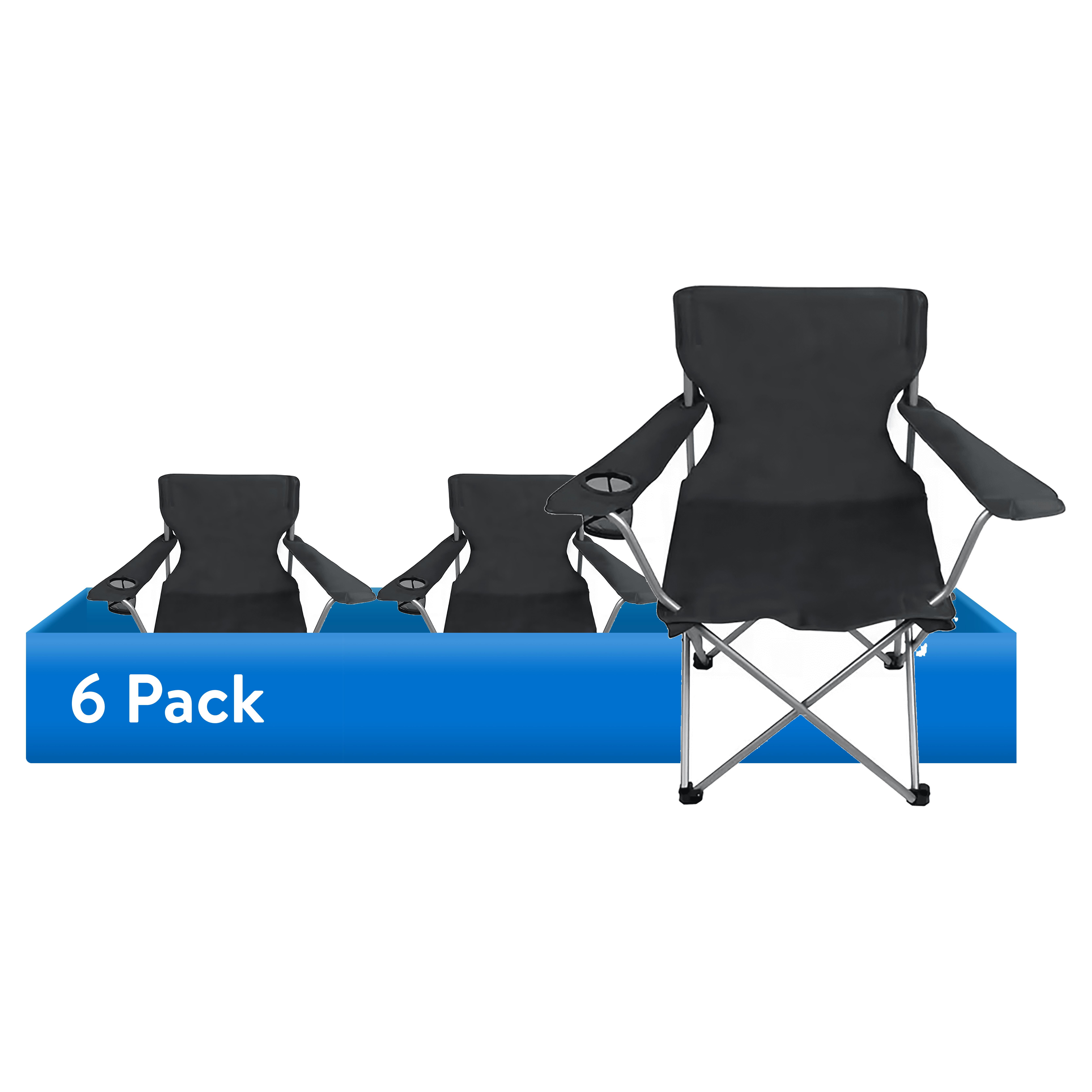 (6 pack) Ozark Trail Quad Folding Camp Chair with Cup Holder, Black