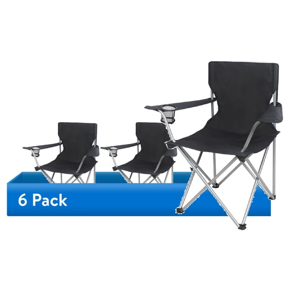 (6 pack) Ozark Trail Quad Folding Camp Chair with Cup Holder, Black
