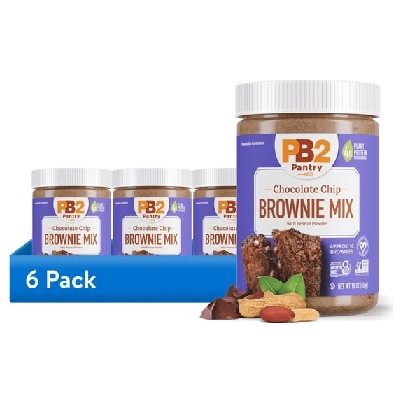 (6 pack) PB2 Pantry Chocolate Chip Brownie Mix - 16 oz Jar | Certified Vegan, Gluten Free, Non-GMO, 4g Plant Protein Per Brownie