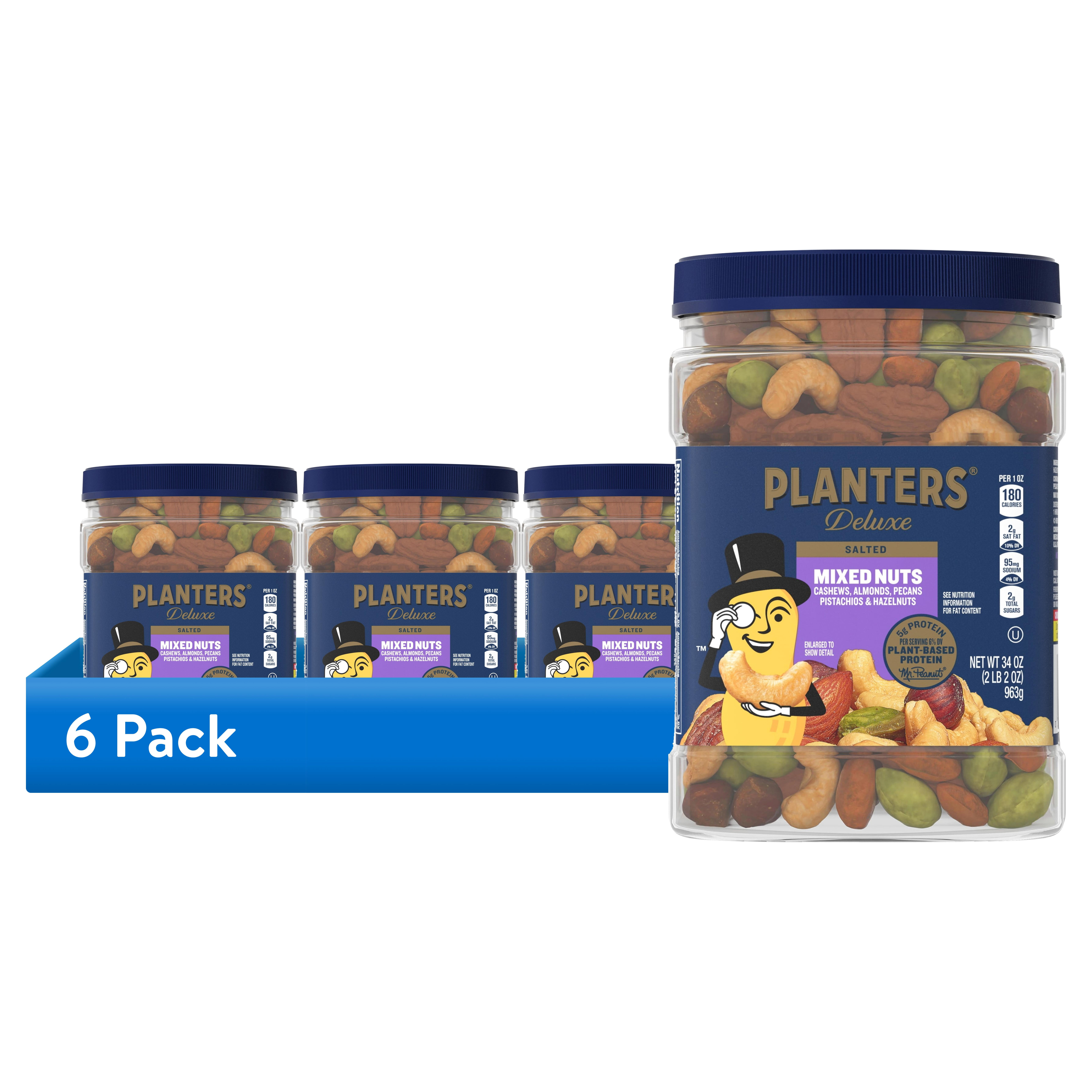 (6 pack) PLANTERS Deluxe Salted Mixed Nuts, Party Snacks, Plant Based Protein, 34 oz Plastic Jar