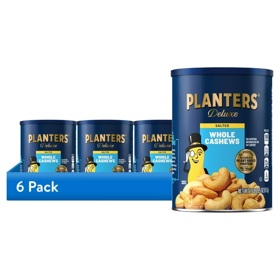 (6 pack) PLANTERS Deluxe Salted Whole Cashews, Party Snacks, Plant Based Protein, 18.25 oz Steel Can