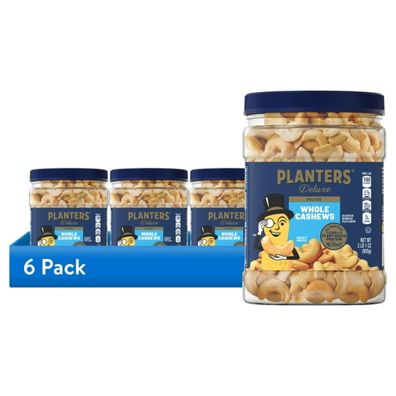 (6 pack) PLANTERS Deluxe Salted Whole Cashews, Party Snacks, Plant Based Protein, 33 oz Plastic Jar
