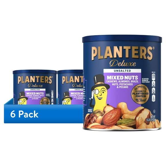 (6 pack) PLANTERS Deluxe Unsalted Mixed Nuts, Party Snacks, Plant Based Protein, 15.25 oz Steel Can