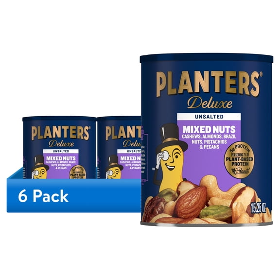 (6 pack) PLANTERS Deluxe Unsalted Mixed Nuts, 5g (7% DV) Plant-Based Protein, 15.25 oz Can