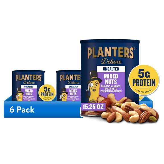 (6 pack) Planters Unsalted Deluxe Mixed Nuts with Cashews, Almonds, Brazil Nuts, Pistachios & Pecans, 5g Protein (7% DV) per serving, 15.25 oz Resealable Can