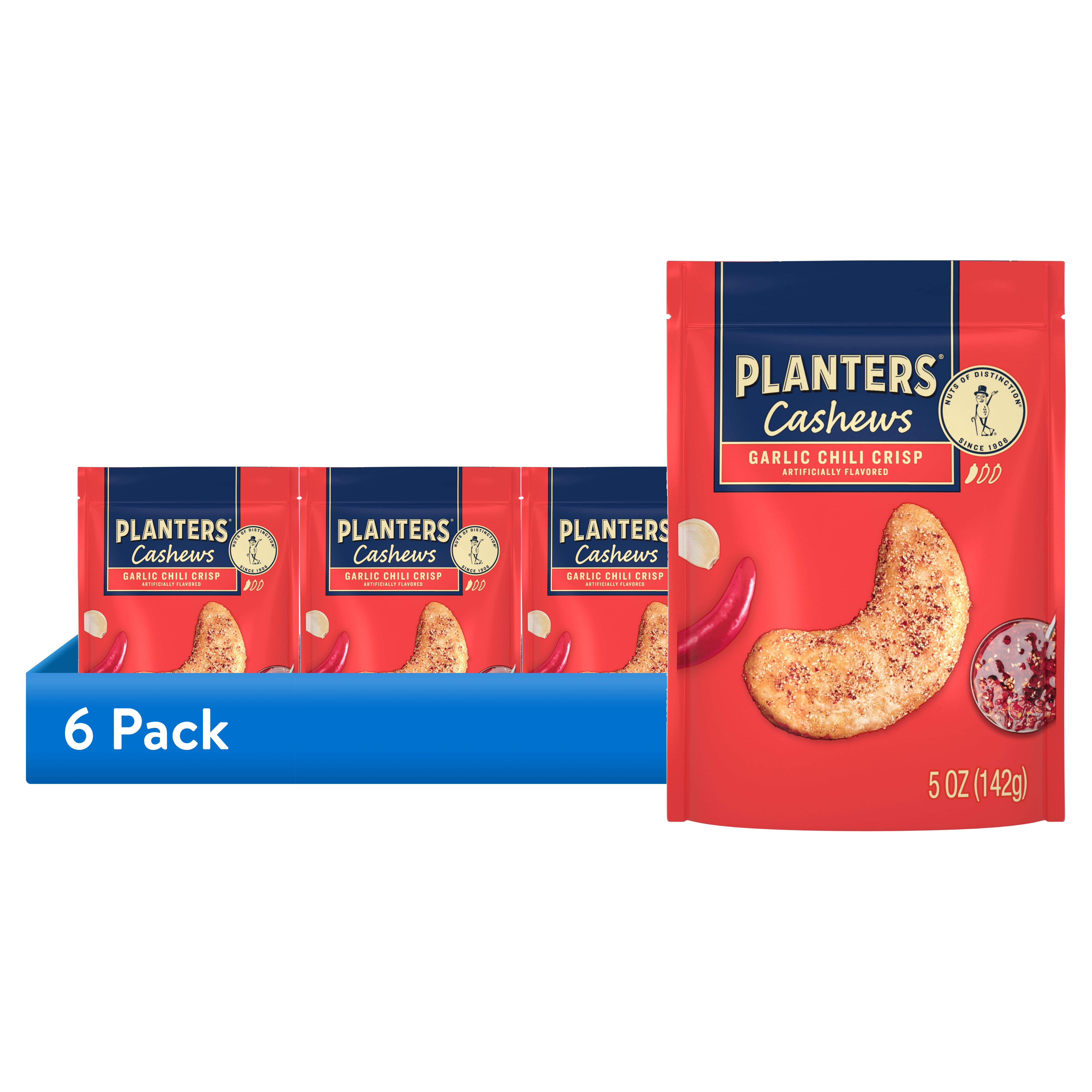 (6 pack) PLANTERS Garlic Chili Crisp Flavored Cashews, 5 oz Resealable Bag
