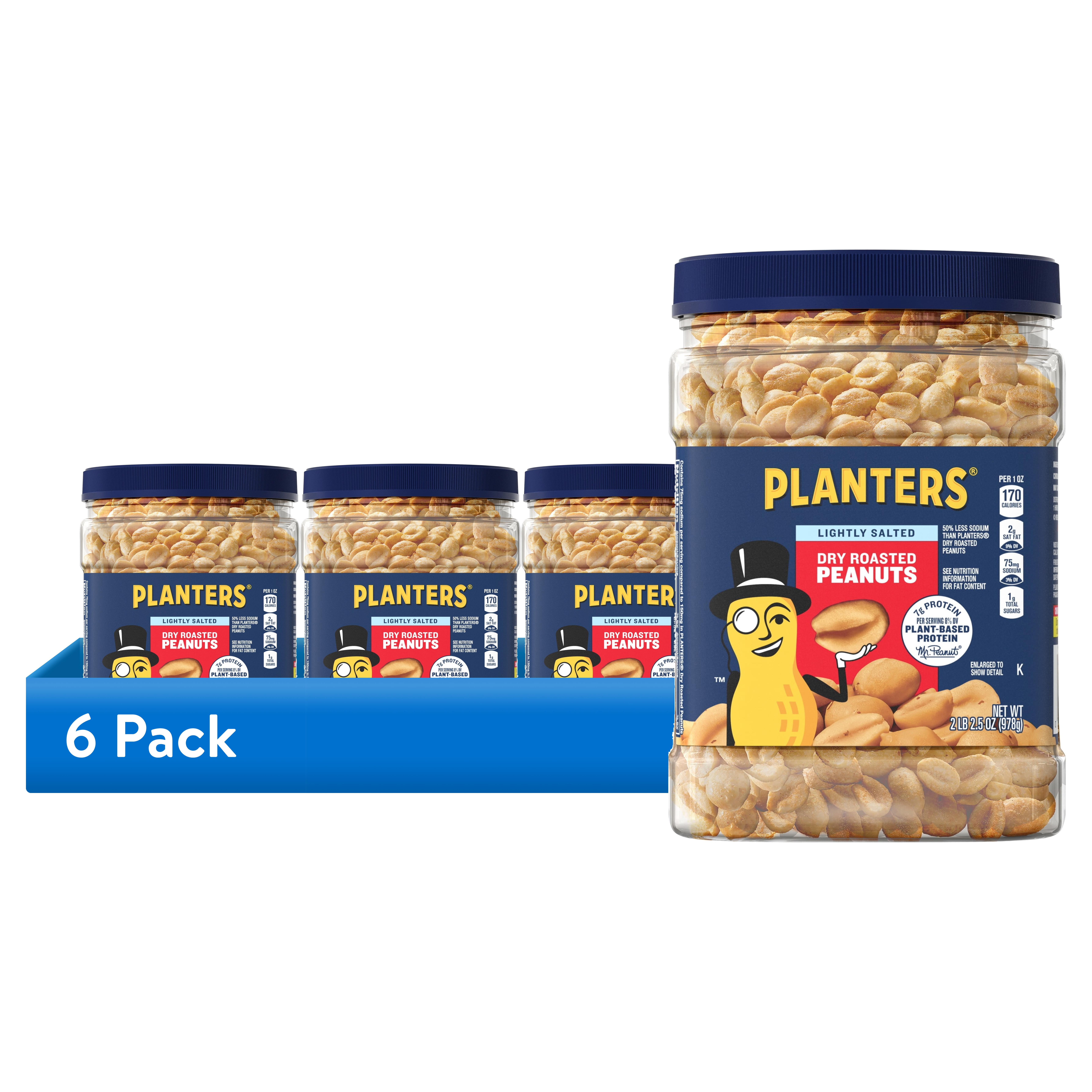 (6 pack) PLANTERS Lightly Salted Dry Roasted Peanuts, Party Snacks, Plant Based Protein, 2.16 lb Canister