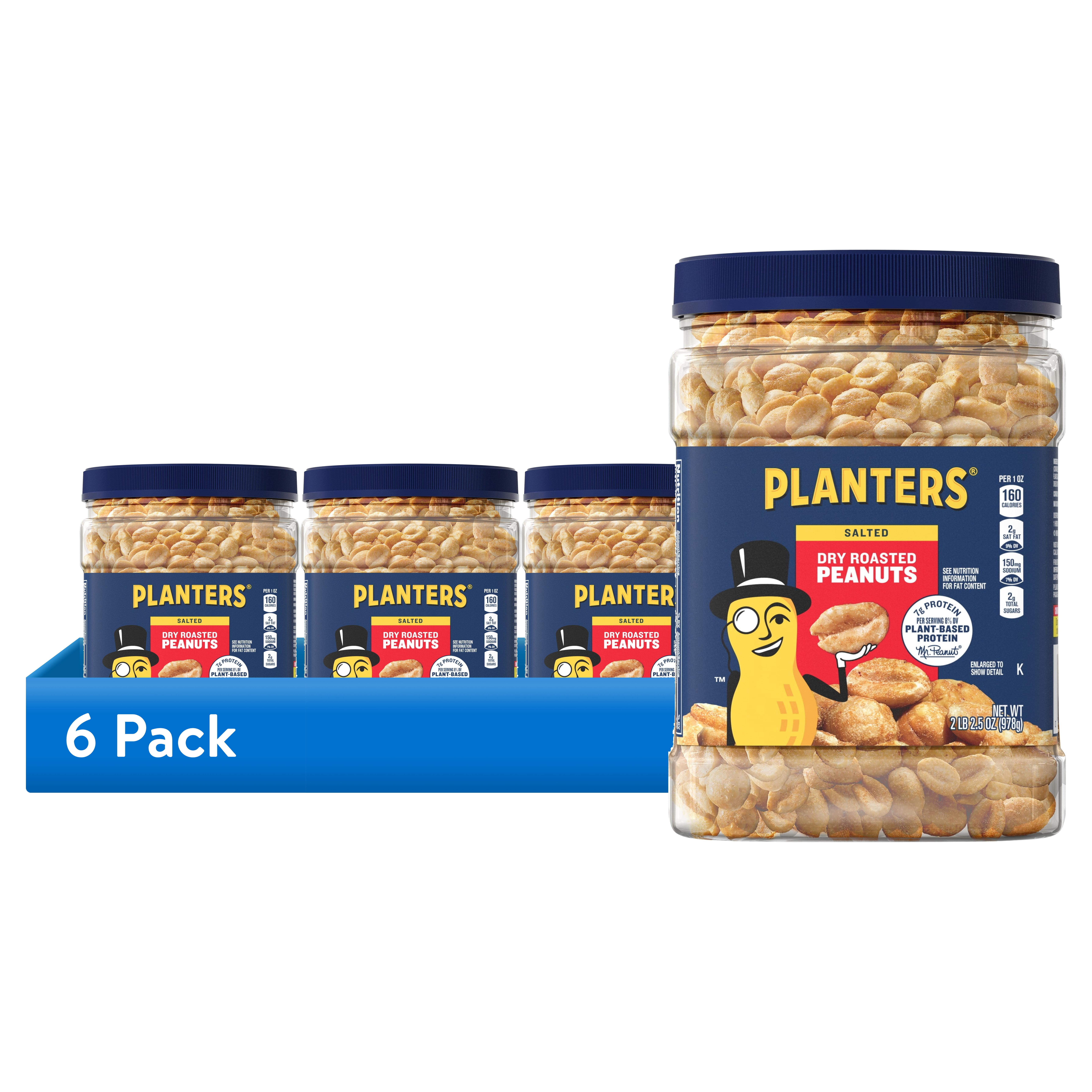 (6 pack) PLANTERS Salted Dry Roasted Peanuts, Party Snacks, Plant Based Protein, 2.16 lb Container